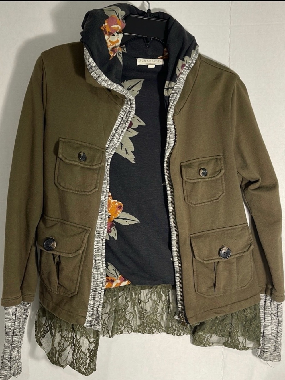 Anthropology SCRAPBOOK Olive Green Layered Utility Jacket with Hood Safari